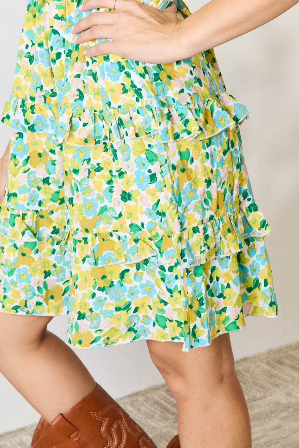 Devine Smocked Scoop Neck Flounce Sleeve Mini Dress - Hovatok