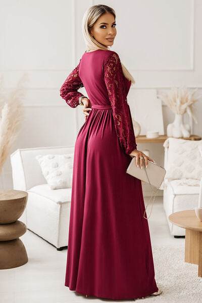 Lace Detail Surplice Tie-Waist Maxi Dress - Hovatok