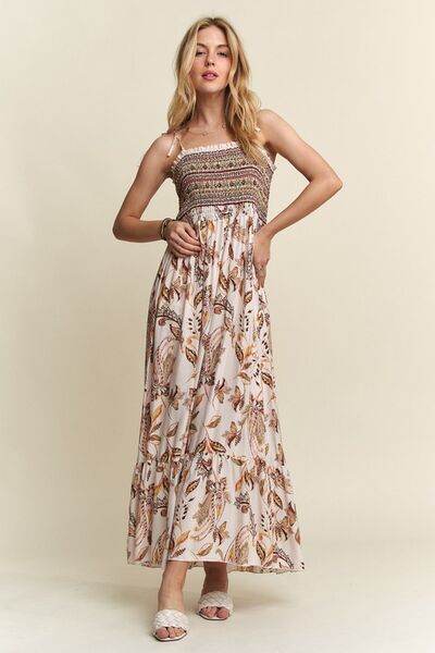 ADORA Smocked Printed Square Neck Tie Shoulder Cami Dress - Hovatok