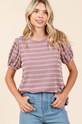 Mittoshop Contrast Striped Short Puff Sleeve Knit Top - Hovatok