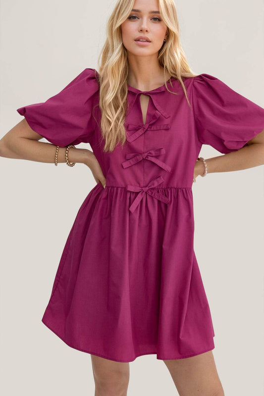 Oh Bow Ruched Puff Sleeve Mini Dress - Hovatok