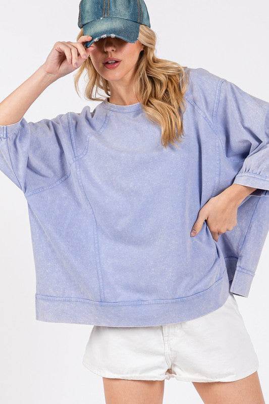 SAGE + FIG Mineral Washed Side Slit Round Neck Sweatshirt - Hovatok