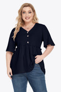 Plus Size Buttoned V-Neck Frill Trim Babydoll Blouse - Hovatok