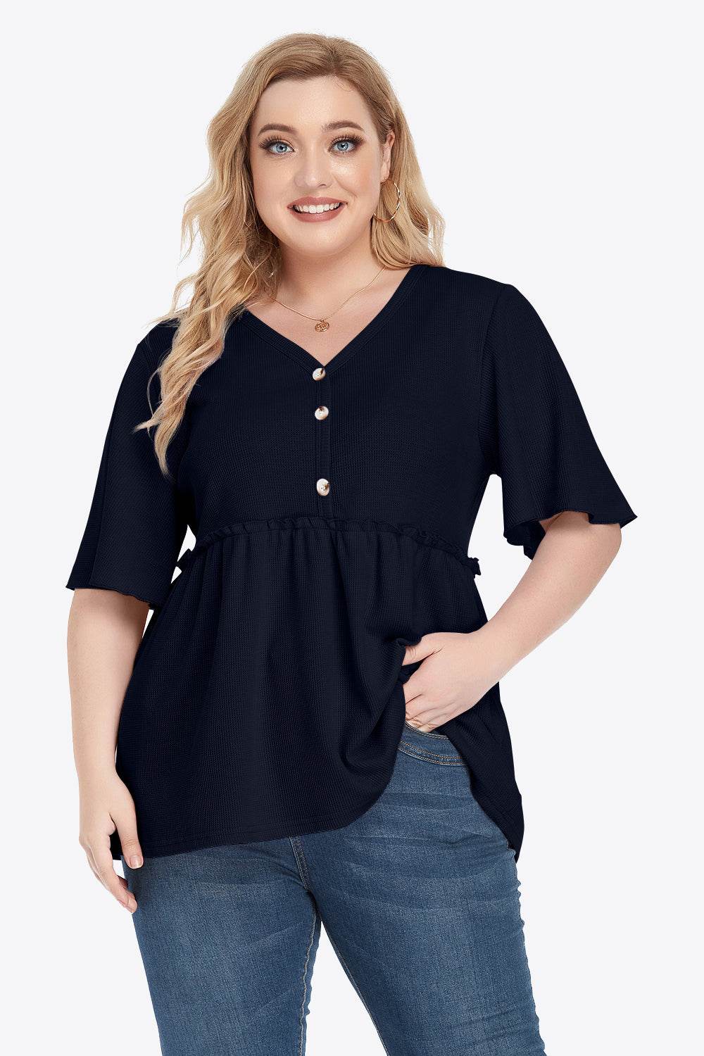 Plus Size Buttoned V-Neck Frill Trim Babydoll Blouse - Hovatok