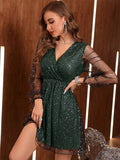 Glitter Surplice Long Sleeve Mini Dress - Hovatok