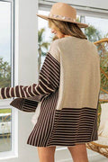 BiBi Striped Contrast Long Sleeve Slit Top - Hovatok