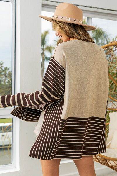 BiBi Striped Contrast Long Sleeve Slit Top - Hovatok