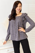 Double Take Square Neck Ruffle Shoulder Long Sleeve T-Shirt - Hovatok