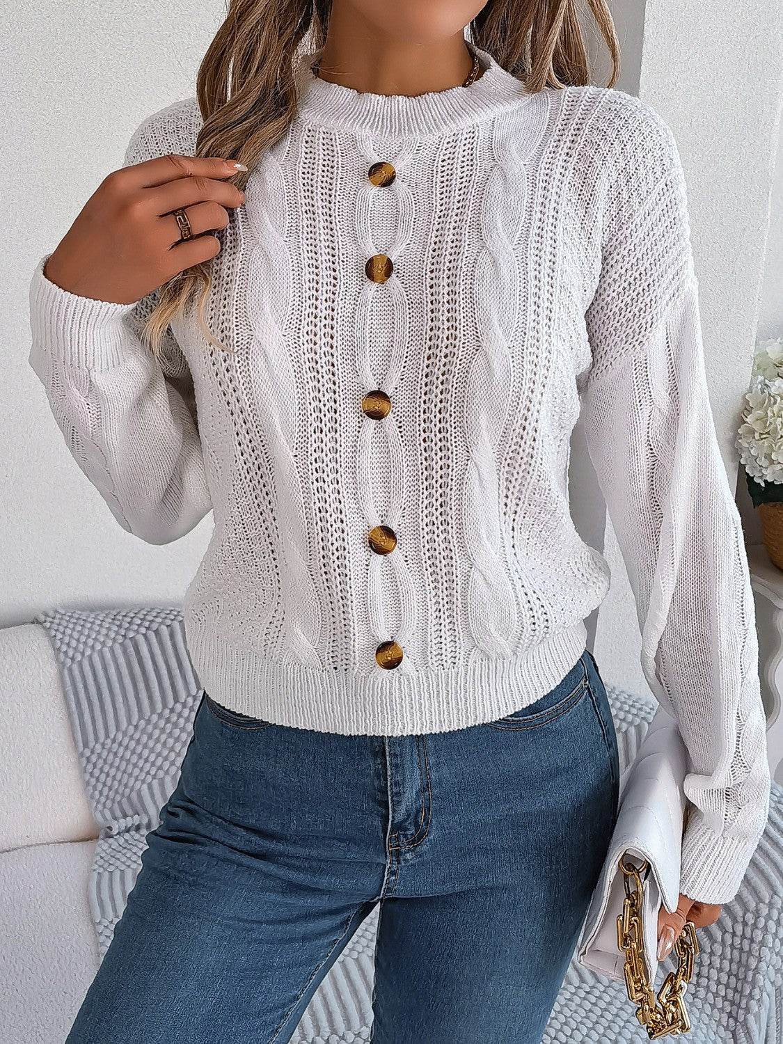 Cable-Knit Buttoned Round Neck Sweater - Hovatok