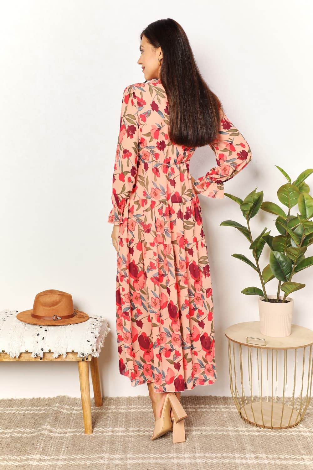 Double Take Floral Frill Trim Flounce Sleeve Plunge Maxi Dress - Hovatok