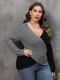 Plus Size Two-Tone Surplice Neck Sweater - Hovatok