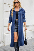 Button Up Long Sleeve Longline Hooded Denim Outerwear - Hovatok