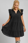 Umgee Full Size Johnny Collar Ruffle Cap Sleeve Tiered Dress Plus Size - Hovatok