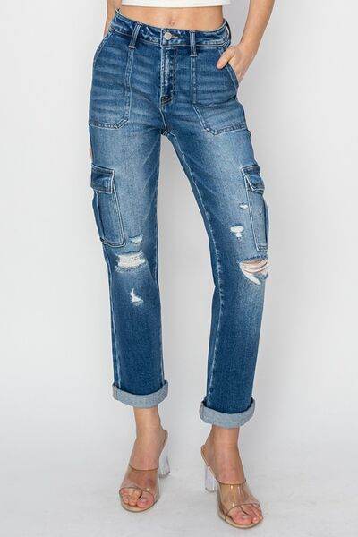 RISEN Full Size High Rise Cargo Ankle Roll Up Straight Jeans - Hovatok