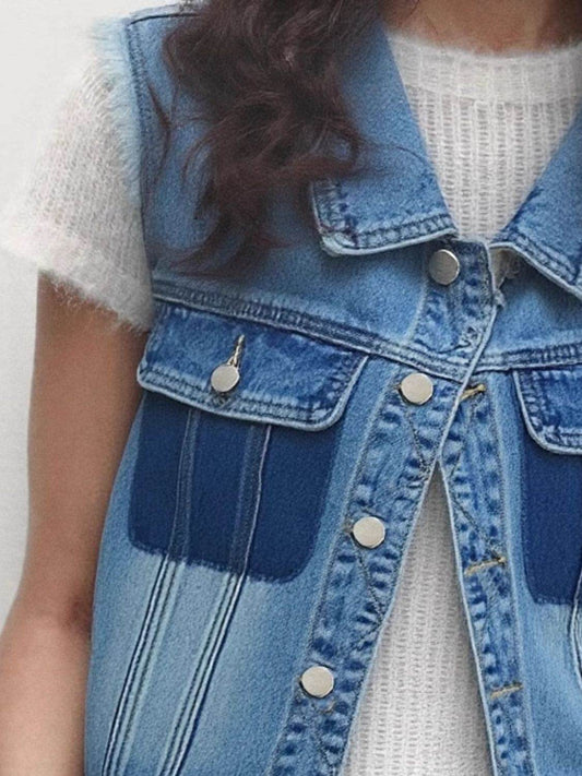 Raw Hem Pocketed Contrast Sleeveless Denim Jacket - Hovatok