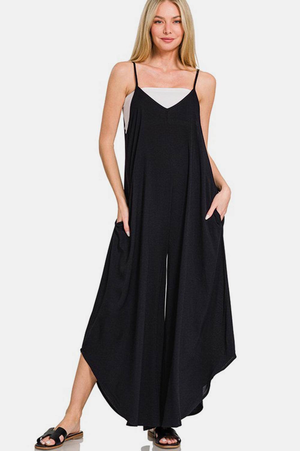 Zenana Spaghetti Strap Wide Leg Overalls with Pockets - Hovatok