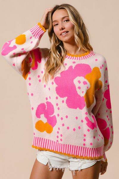 BiBi Flower Pattern Contrast Sweater - Hovatok