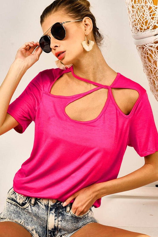 BiBi Cutout Asymmetrical Neck Short Sleeve T-Shirt - Hovatok