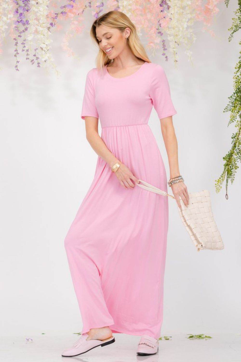 Celeste Plus Size Round Neck Short Sleeve Maxi Dress with Pockets - Hovatok