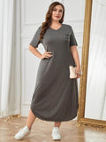 Plus Size Pocketed V-Neck Short Sleeve Lounge Dress - Hovatok