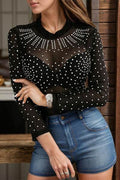 Rhinestone Trim Mock Neck Long Sleeve Bodysuit - Hovatok