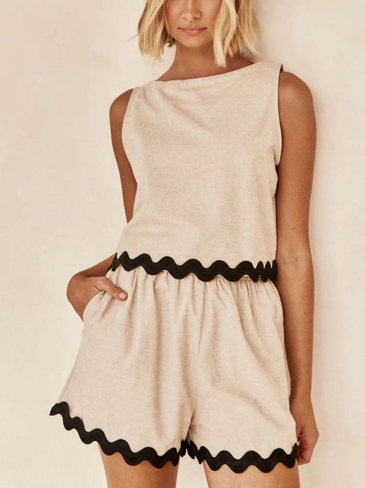 Contrast Trim Round Neck Tank and Shots Set - Hovatok