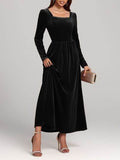 Velvet Square Neck Long Sleeve Dress - Hovatok