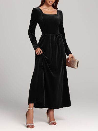 Velvet Square Neck Long Sleeve Dress - Hovatok