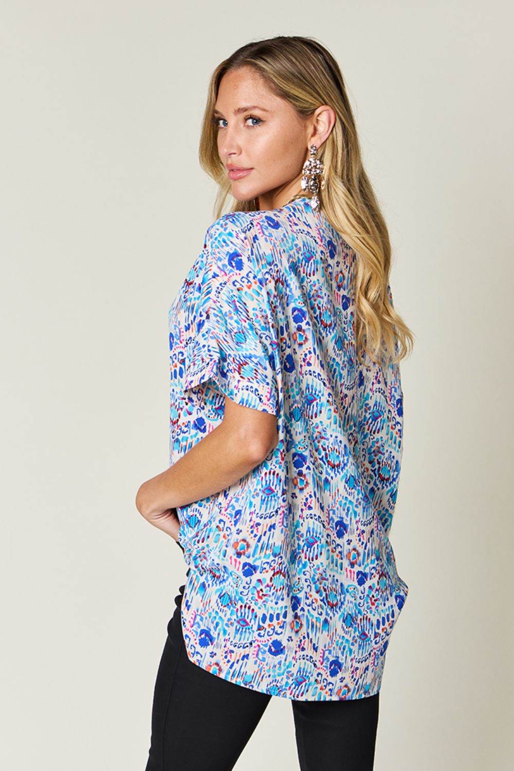 Double Take Full Size Printed V-Neck Short Sleeve Blouse - Hovatok