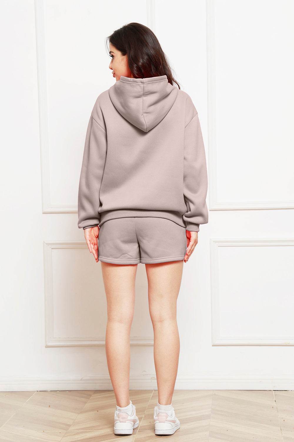 Drop Shoulder Long Sleeve Hoodie and Shorts Set - Hovatok