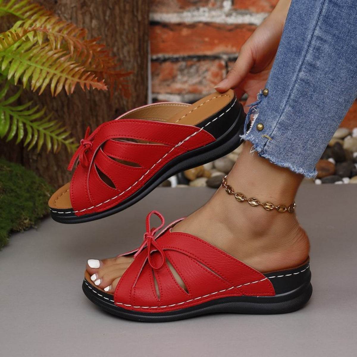 Tied Open Toe Low Heel Sandals - Hovatok