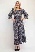 Celeste Full Size Leopard Round Neck Flounce Sleeve Dress - Hovatok