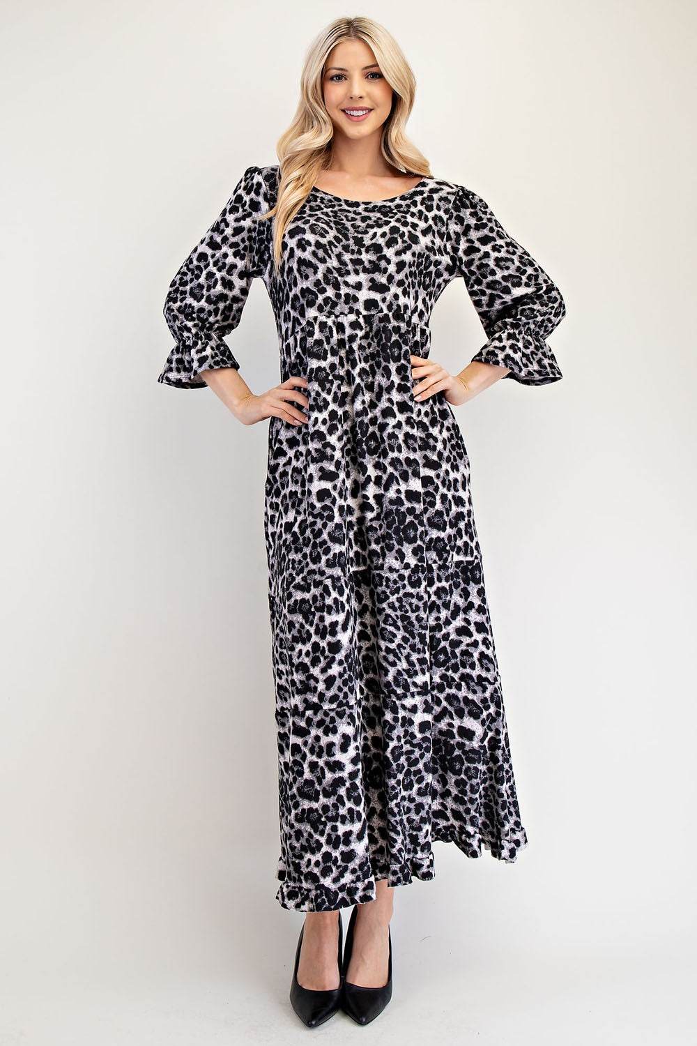 Celeste Full Size Leopard Round Neck Flounce Sleeve Dress - Hovatok