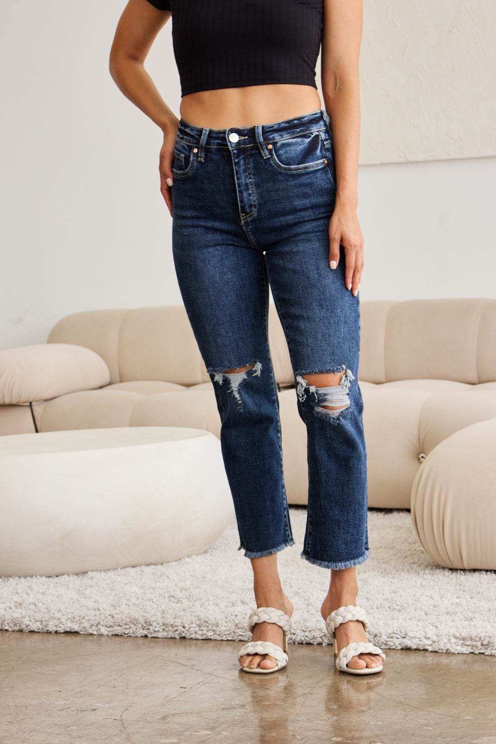 RFM Crop Dylan Full Size Tummy Control Distressed High Waist Raw Hem Jeans - Hovatok