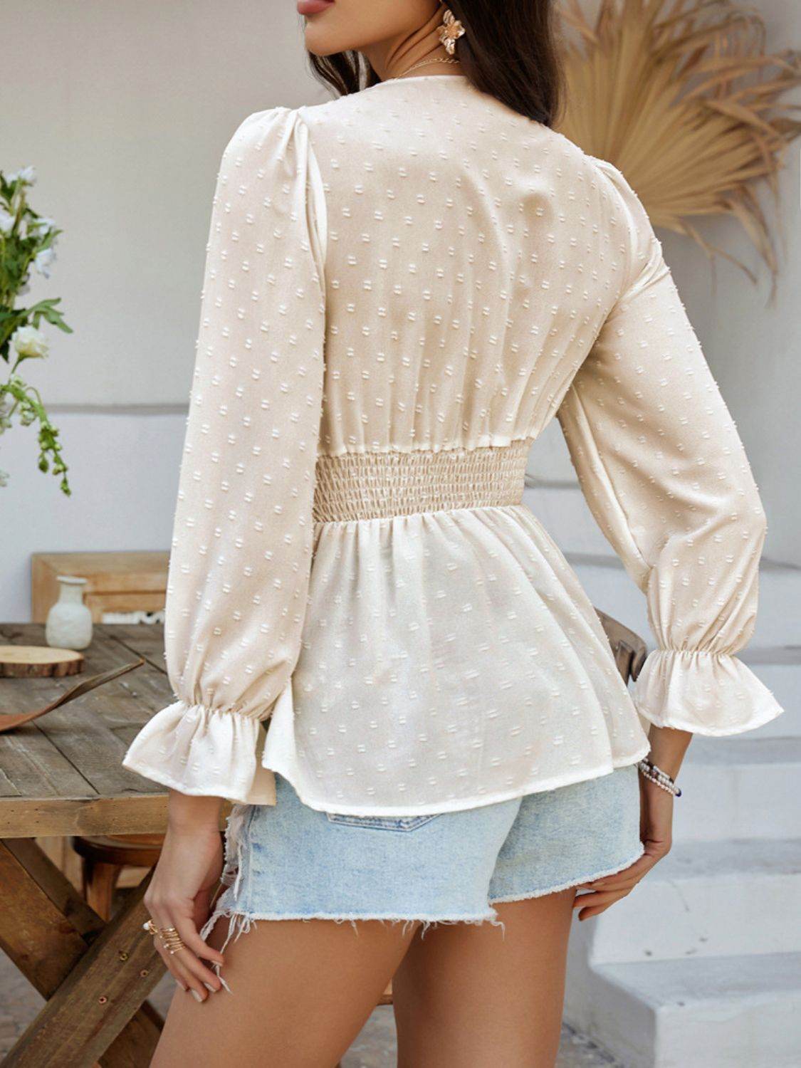 Devine Swiss Dot Lace Detail Surplice Flounce Sleeve Blouse - Hovatok