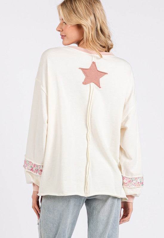 SAGE + FIG Peace & Star Patch Contrast Round Neck Sweatshirt - Hovatok