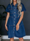 Pocketed Button Up Collared Neck Short Sleeve Denim Dress - Hovatok