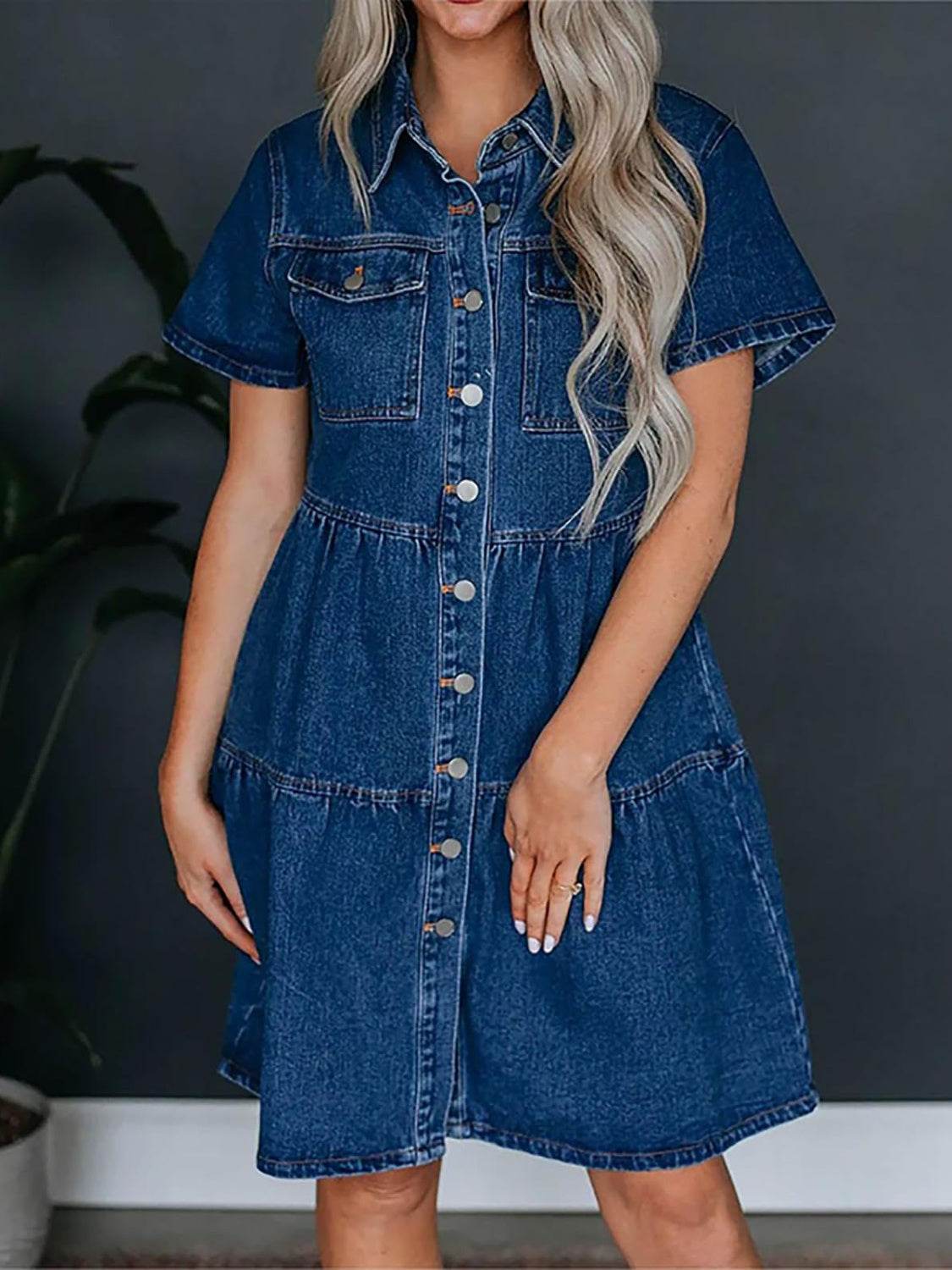 Pocketed Button Up Collared Neck Short Sleeve Denim Dress - Hovatok