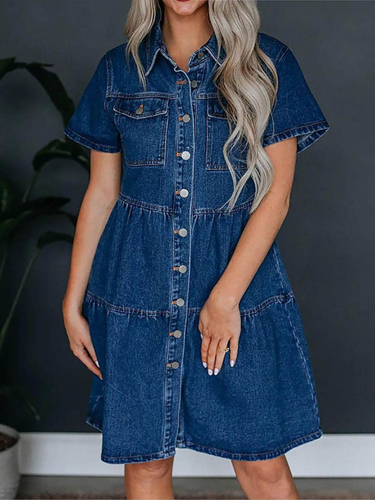 Pocketed Button Up Collared Neck Short Sleeve Denim Dress - Hovatok
