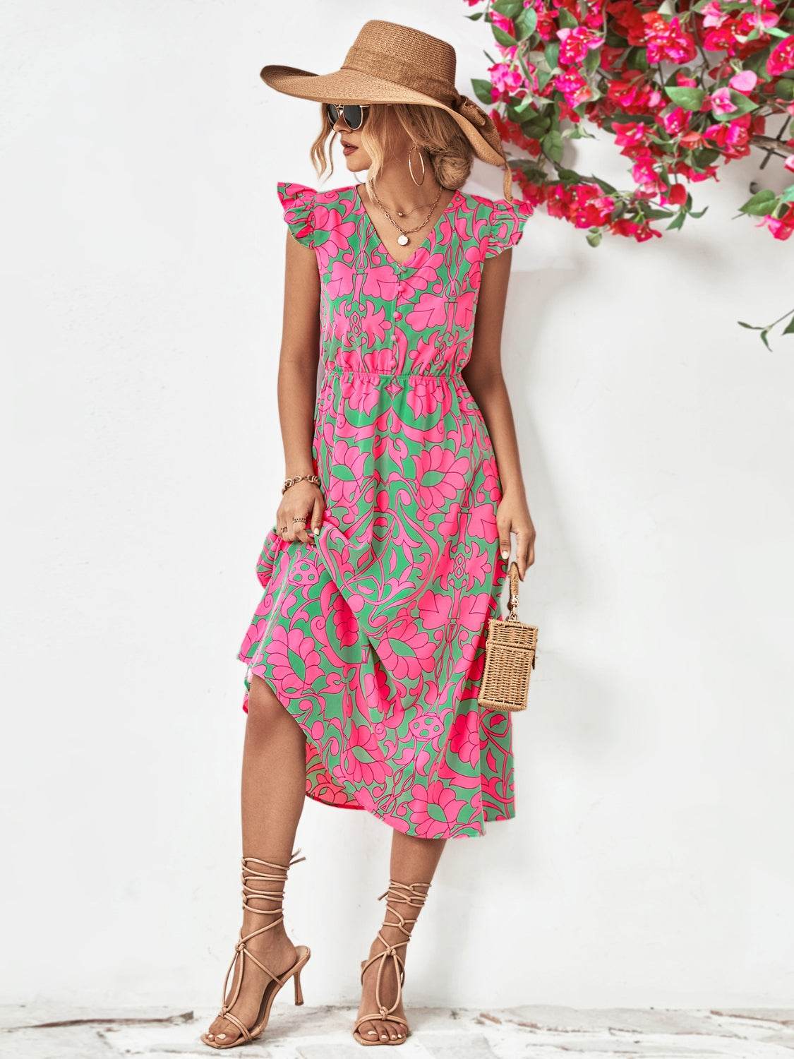 Printed V-Neck Cap Sleeve Dress - Hovatok