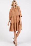 Mittoshop Button Detail Collared Neck Tiered Shirt Dress - Hovatok