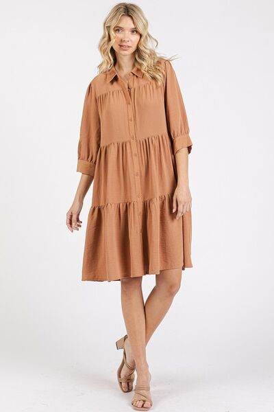Mittoshop Button Detail Collared Neck Tiered Shirt Dress - Hovatok
