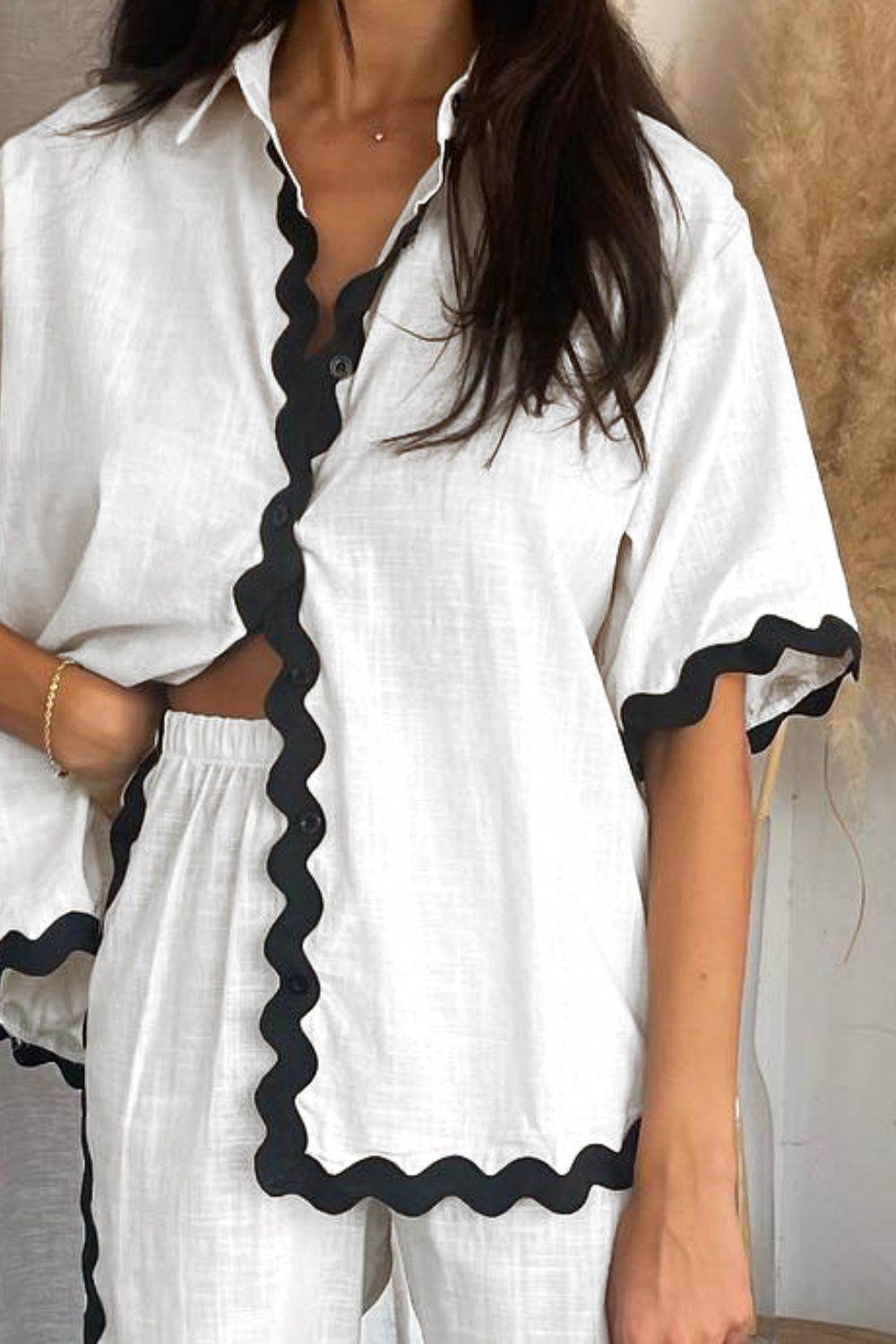 Contrast Trim Half Sleeve Top and Pants Set - Hovatok