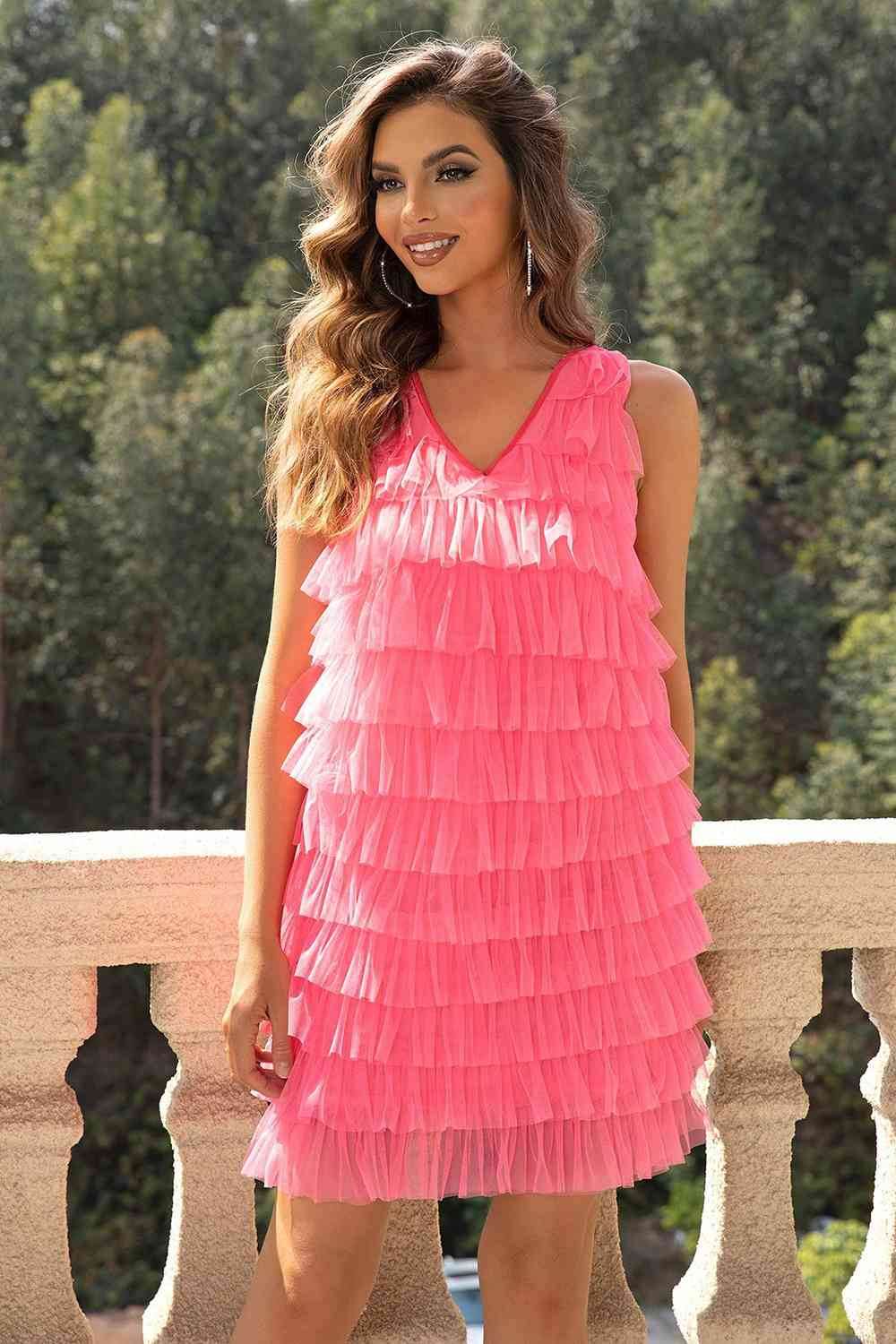 V-Neck Tiered Sleeveless Mesh Dress - Hovatok