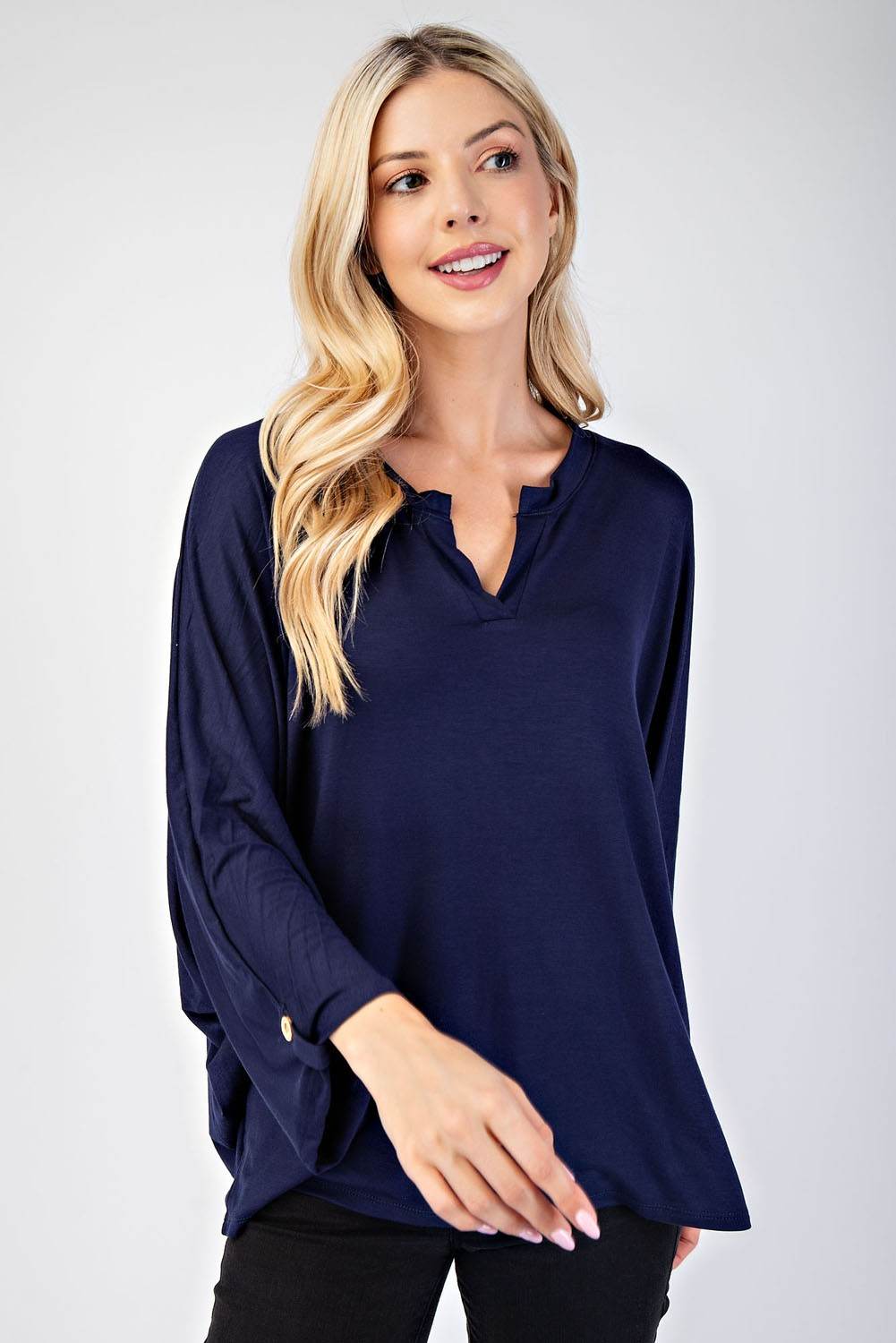 Celeste Full Size Notched Three-Quarter Sleeve Blouse - Hovatok
