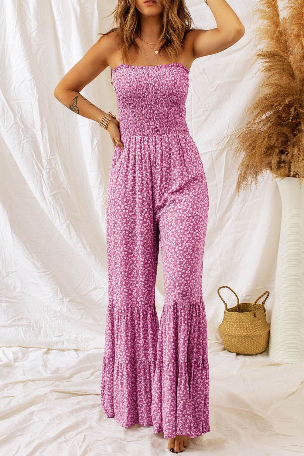 Smocked Printed Wide Strap Jumpsuit - Hovatok