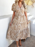Devine Printed Johnny Collar Button Down Short Sleeve Midi Shirt Dress - Hovatok