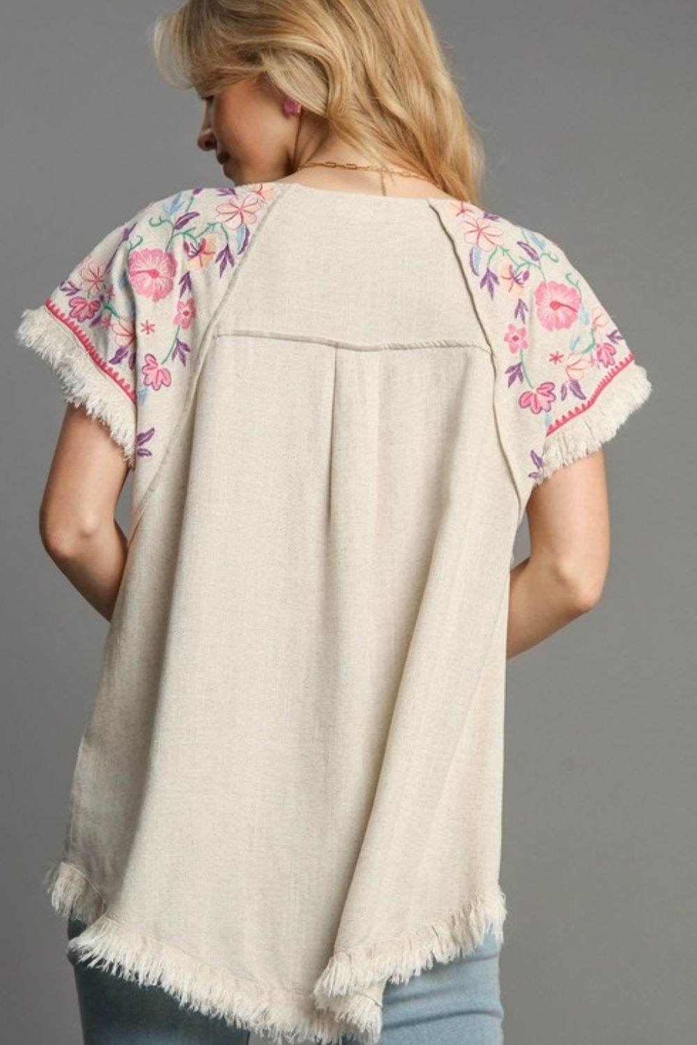 Umgee Full Size Linen Round Neck High Low Hem Frayed Top Plus Size - Hovatok