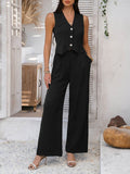 Devine Button Down Vest and Wide Leg Pants Set - Hovatok