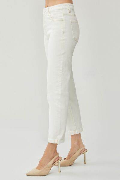 RISEN Full Size High Waist Rolled Hem Straight Jeans - Hovatok